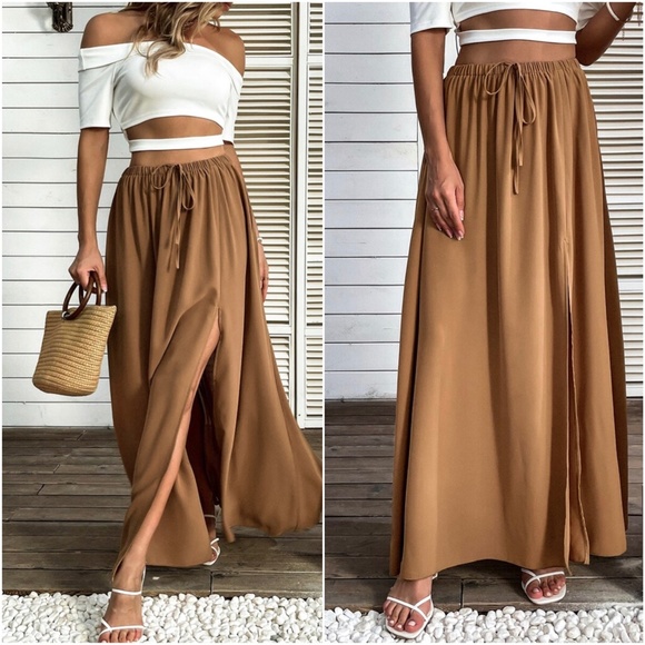 Bohemian Off Shoulder Crop Top Split Thigh Maxi Skirt Set - Picture 3 of 3